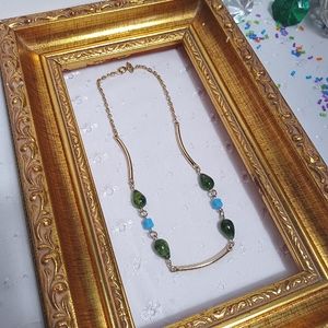 Vintage Sarah Coventry goldtone chain necklace with green and turquoise beads